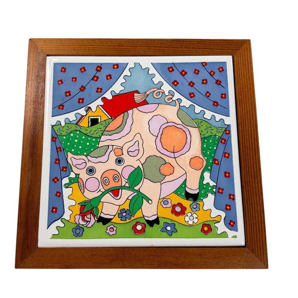 Vintage Gailstyn-Sutton Framed Ceramic Tile Whimsical Pig Rose Wall Decor 80s